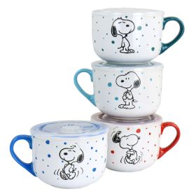 Peanuts Freckled Joy 25oz Stoneware 4 Piece Soup Cup and Lid Set in Assorted Designs