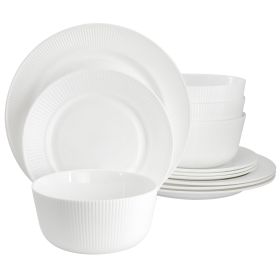 Ultra by Gibson Swanton Stripe 12 Piece Break-Resistant Opal Glass Dinnerware Set in White